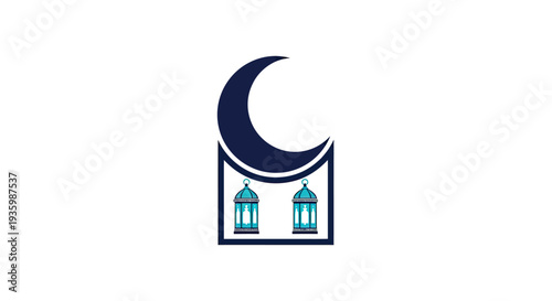 Ramadan crescent moon icon with lanterns, Islamic symbol, traditional celebration