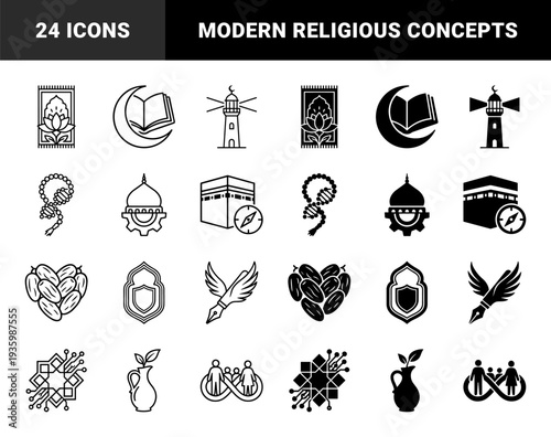 Islamic heritage and modern concepts hybrid icon set featuring prayer rug dna rosary kaaba compass and calligraphy pen with wings in linear and solid styles