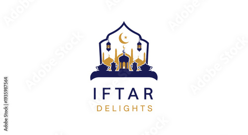 Iftar Delights Logo: Ramadan Evening Meal with Islamic Architecture and Crescent Moon