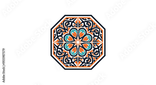 Geometric Islamic Tile Pattern, Octagon, Intricate Design, Orange, Teal, Dark Blue