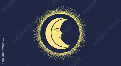 Stylized Crescent Moon with Face and Starburst Aura on Dark Blue Background