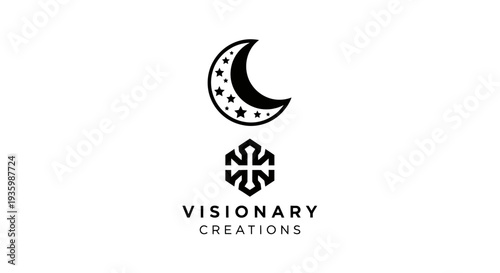 Visionary Creations Logo: Crescent Moon with Stars and Geometric Symbol