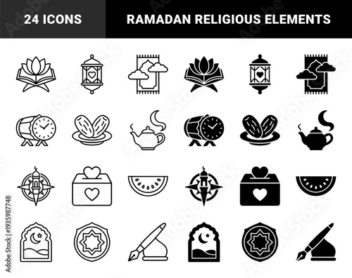 Islamic religious symbols featuring hybrid metaphors combining traditional elements like the quran with lotus flowers and prayer rugs with clouds