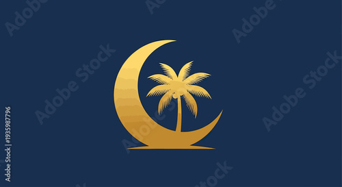 Golden Crescent Moon and Palm Tree Silhouette Logo on Dark Blue Background