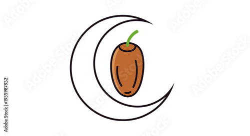 Crescent moon with date fruit icon, Ramadan symbol, Islam, food, isolated on white background