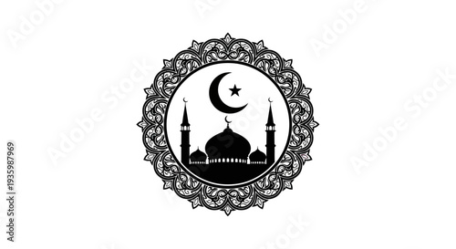 Islamic Mosque Silhouette with Crescent Moon and Star in Ornate Mandala