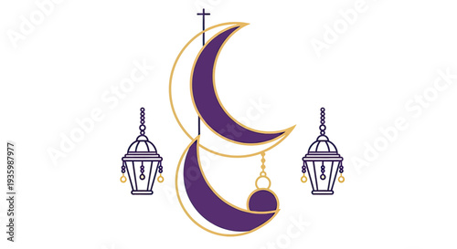 Ramadan Kareem Crescent Moon and Lanterns - Islamic Celebration Graphic