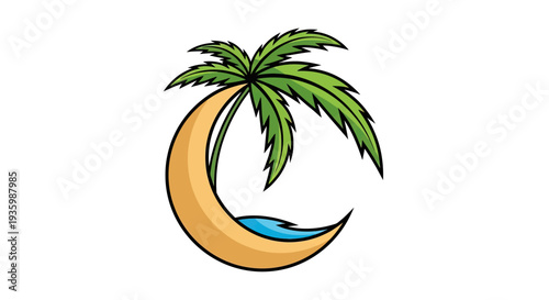 Crescent moon with palm tree and ocean waves, tropical night concept