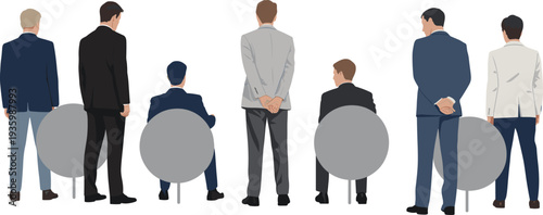 Businessmen back view collection, corporate men standing and sitting rear perspective, professional office people flat vector illustration