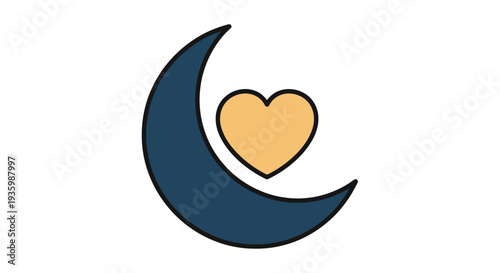 Crescent moon with heart icon, love, romance, night, symbol, vector illustration