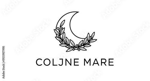 Crescent moon with olive branch logo, celestial emblem, minimalist design
