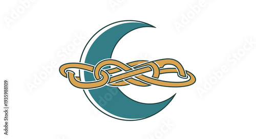 Intertwined golden chain across a teal crescent moon symbol on white background