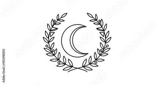 Crescent moon and laurel wreath emblem icon, simple line art, isolated on white background.