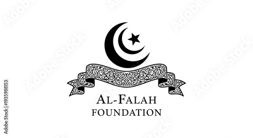 Islamic crescent moon and star logo with ribbon and text Al-Falah Foundation