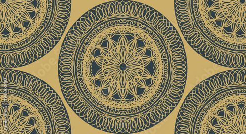 Circular mandala pattern background, ethnic decorative ornament, gold and dark blue