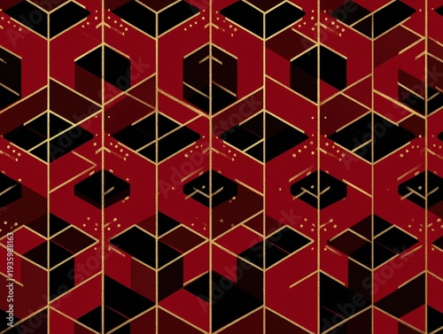 black and gold geometric pattern isolated on a red background