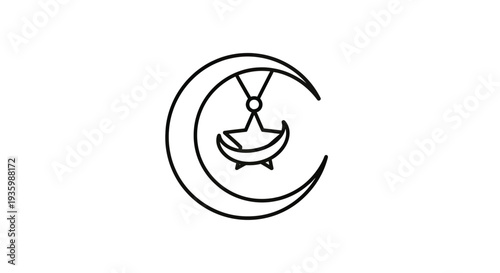 Crescent moon with hanging star symbol, simple line art, isolated on white background