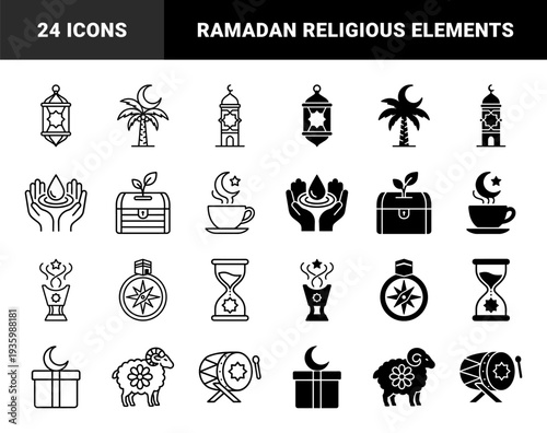 Islamic religious symbols integrated with lifestyle elements featuring ram crescent moon and palm tree in dual outline and solid hybrid style