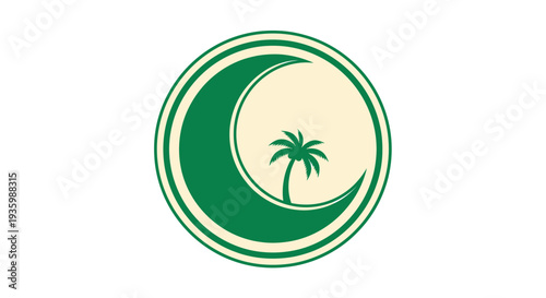 Green crescent moon with palm tree inside circle logo, vector illustration