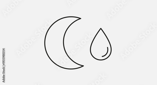 Simple line art icon of a crescent moon and a water droplet on a light grey background