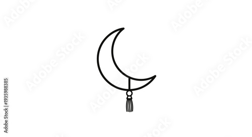 Crescent moon with tassel, simple line art, isolated on white background
