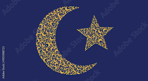 Islamic Crescent Moon and Star Symbol with Ornate Pattern on Dark Blue Background