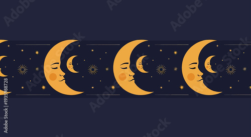Whimsical Crescent Moon Faces with Stars - Seamless Night Sky Pattern