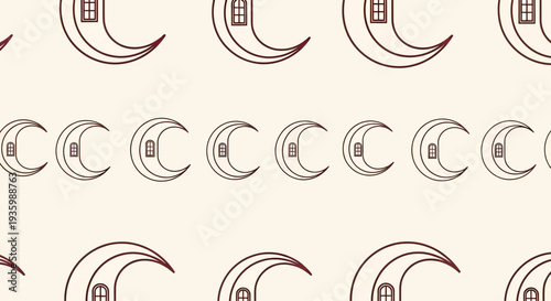 Seamless crescent moon pattern with house windows, whimsical design