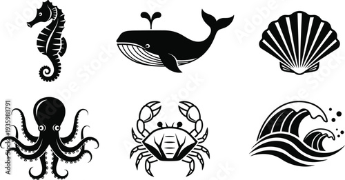 Marine life silhouette icons set featuring whale seahorse octopus crab shell and ocean wave black vector collection