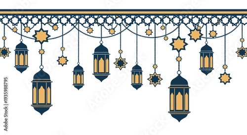 Islamic Ramadan Lanterns and Stars Decoration Banner - Ramadan Kareem Celebration