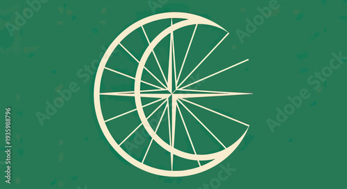 Cosmic Celestial Crescent Moon and Star Compass Symbol on Green Textured Background