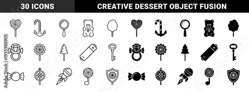 Hybrid candy and sweets icons merging confectionery shapes with everyday objects like anchor key battery and rocket in outline and solid styles