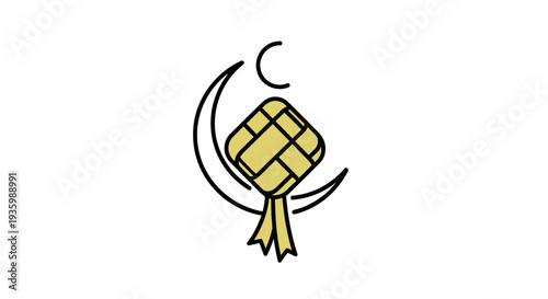 Ketupat and Crescent Moon Icon - Ramadan and Eid Celebration Symbol