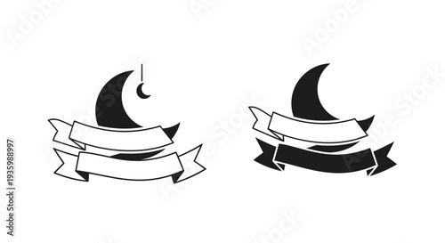 Crescent Moon With Banners - Black and White Icons