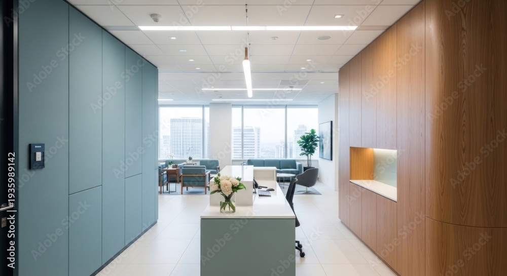 Fototapeta premium Bright office reception area with modern furniture and natural light