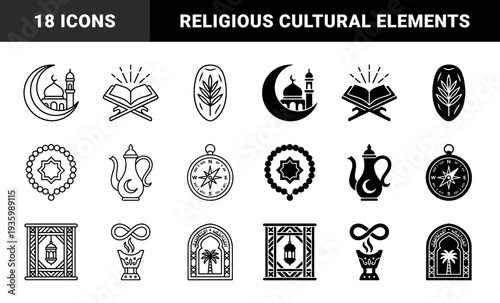 Islamic heritage symbol collection featuring hybrid mosque crescent motifs quran scripture stand prayer bead tasbih and ramadan lantern window