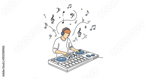 Vector illustration of a DJ wearing headphones and working on a sound mixer with musical notes