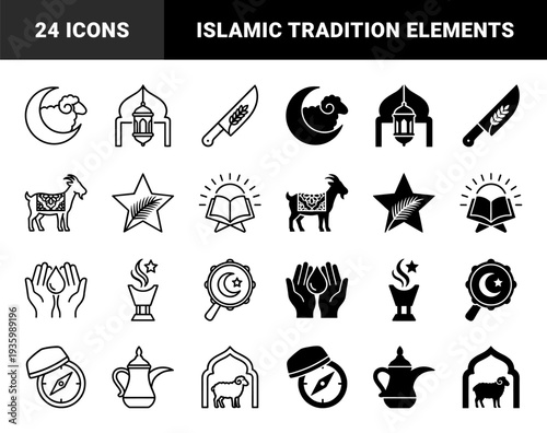 Islamic Religious Symbols Combined with Traditional Elements Featuring Crescent Moon Sheep Lantern Star Palm Branch and Prayer Hands in Dual Stroke and Solid Style