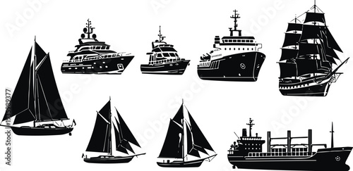 Black and white ship silhouettes collection featuring yachts, sailboats, cruise liners and cargo vessels, detailed nautical vector illustration isolated on white background