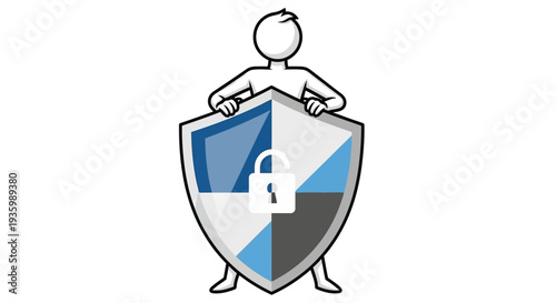 Cartoon Character Holding Shield with Lock.