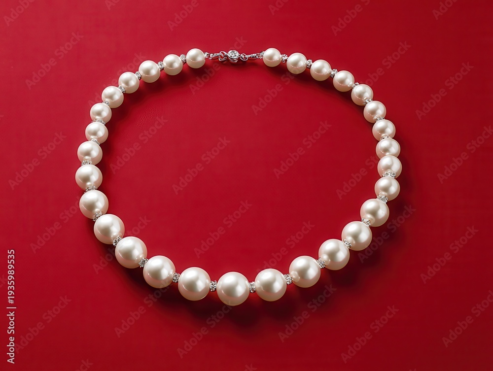 Fototapeta premium white pearl necklace isolated on a red background
