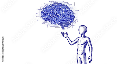 Human Figure Holding Brain Thought Bubble.