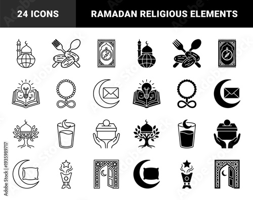 Islamic Ramadan symbols featuring hybrid designs of mosque globe crescent mail and prayer beads merged with infinity loops in solid and outline styles