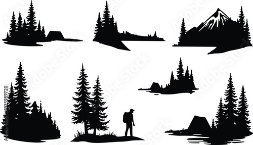 Set of black silhouette vector illustrations featuring outdoor nature landscapes with pine trees, mountain peaks, a hiker, and camping tents isolated on white background.