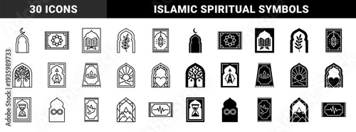 Islamic spirituality and prayer symbols featuring prayer rug silhouettes merged with sacred geometry moon olive branch lantern and hourglass elements