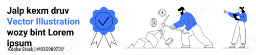 Scene features a worker breaking rocks symbolizing effort, coins signifying rewards, and a blue badge representing recognition. Ideal for motivation, success, diligence, teamwork, effort, rewards