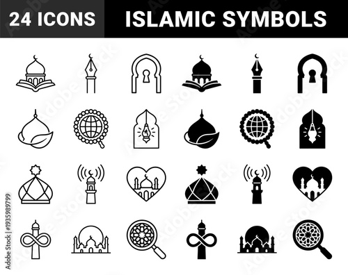 Islamic cultural symbols merged with modern conceptual metaphors featuring mosque domes combined with book pen leaf globe heart and search elements