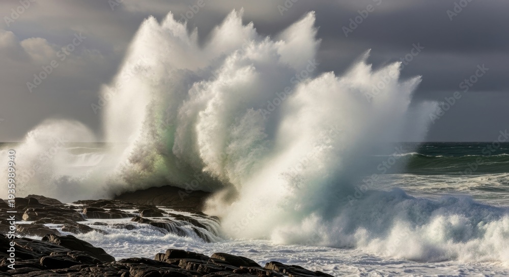Fototapeta premium Massive Ocean Wave Explosion on Rocky Coast During Storm