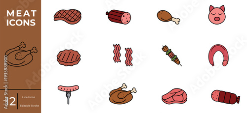Set of 12 meat icons in line style. Steak, ham, chicken, pig, rissole, bacon, shashlik, sausage on white background. Vector illustration