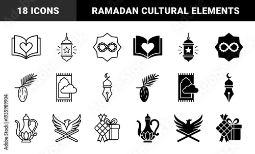 Islamic Religious Hybrid Symbols Combining Traditional Elements Like Mosque Minarets With Modern Calligraphy Pens And Geometric Ramadan Lanterns